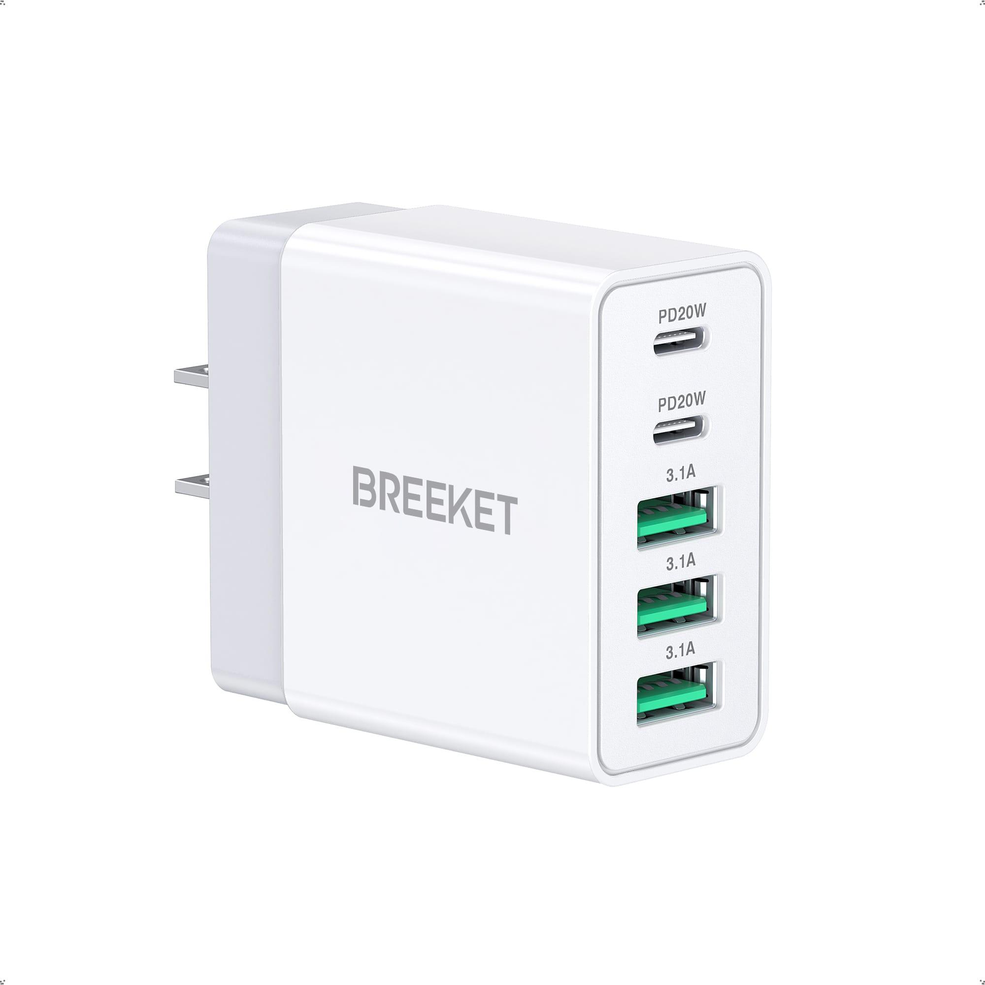 BREEKET 20W Dual USB-C & Triple USB-A Fast Wall Charger for iPhone and More - BREEKET