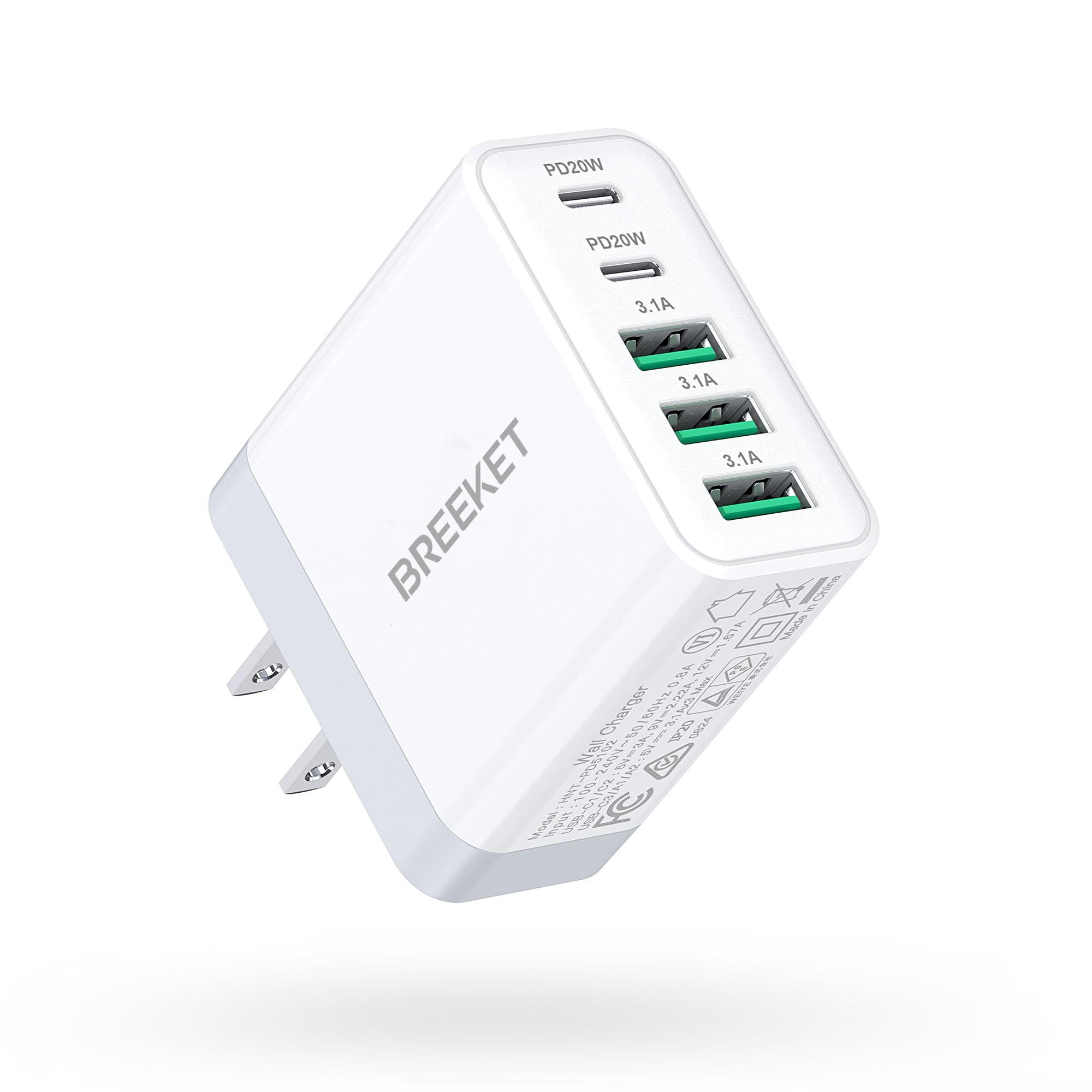 BREEKET 5-Port USB-C & USB-A Fast Charging Block: Dual 20W USB-C + Triple 18W USB-A for Multi-Device Compatibility - BREEKET