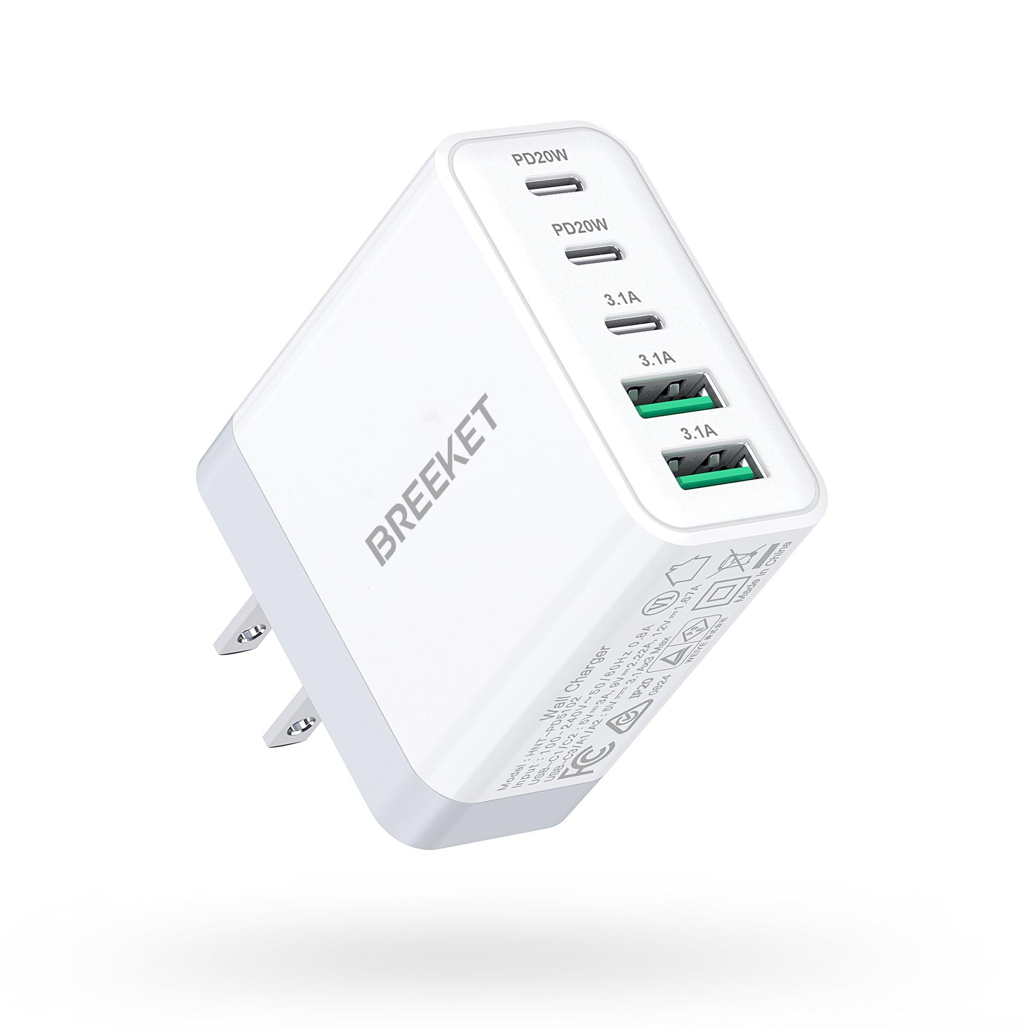 BREEKET 5-Port USB-C & USB-A Fast Charging Block: 3x 20W USB-C + 2x 18W USB-A for Multi-Device Power - BREEKET