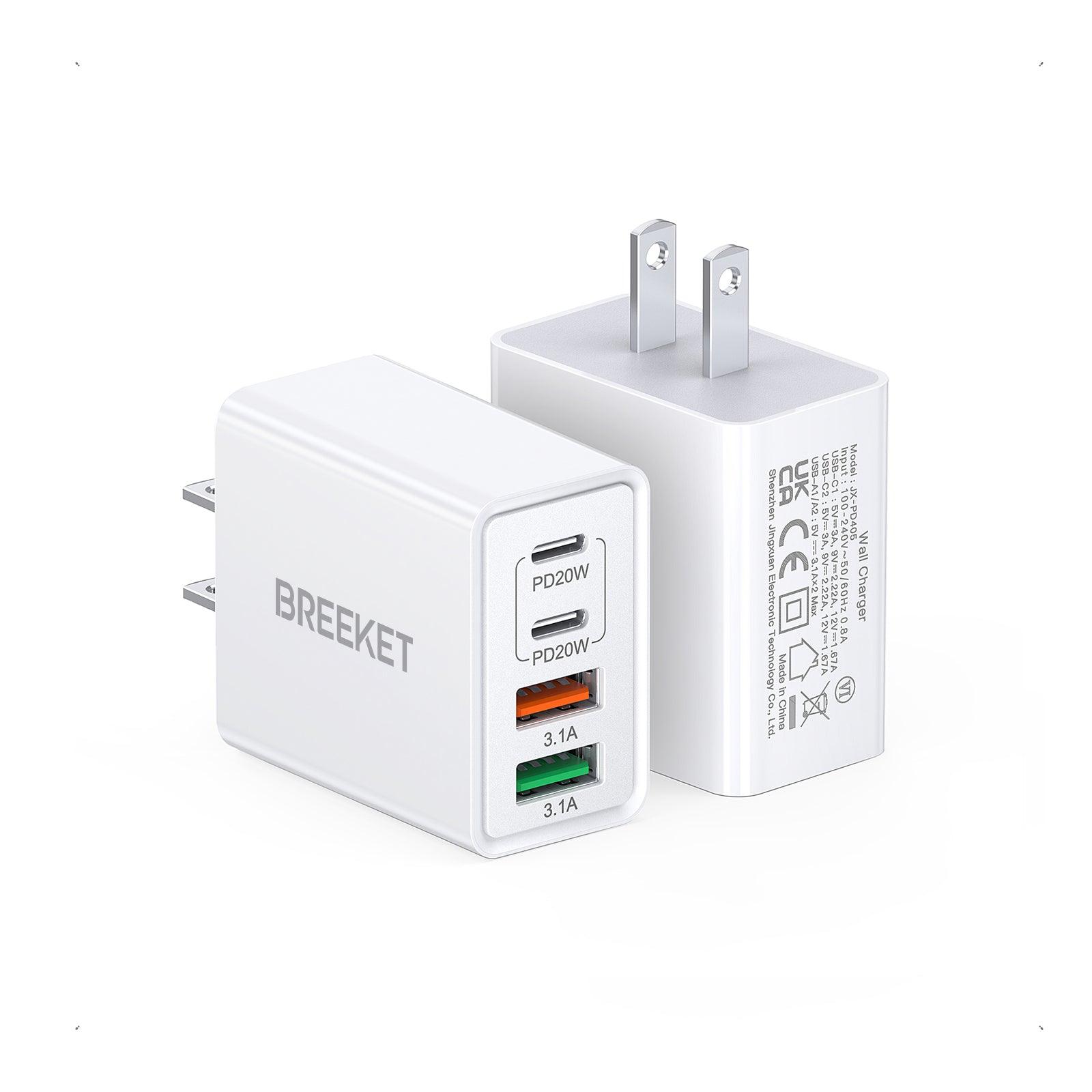 BREEKET 4-Port USB-C and USB-A Fast Charger Block Fast 丨Charging Power Adapter for Phones, Tablets, and More - BREEKET