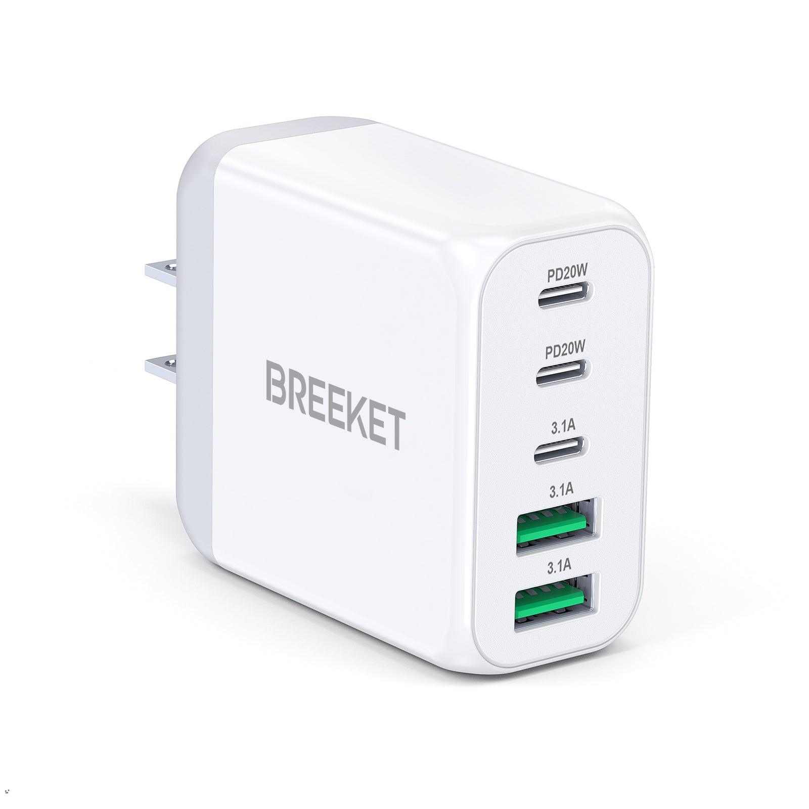 BREEKET 40W 5-Port USB-C & USB-A Fast Charger Power Multiple Devices Simultaneously - BREEKET