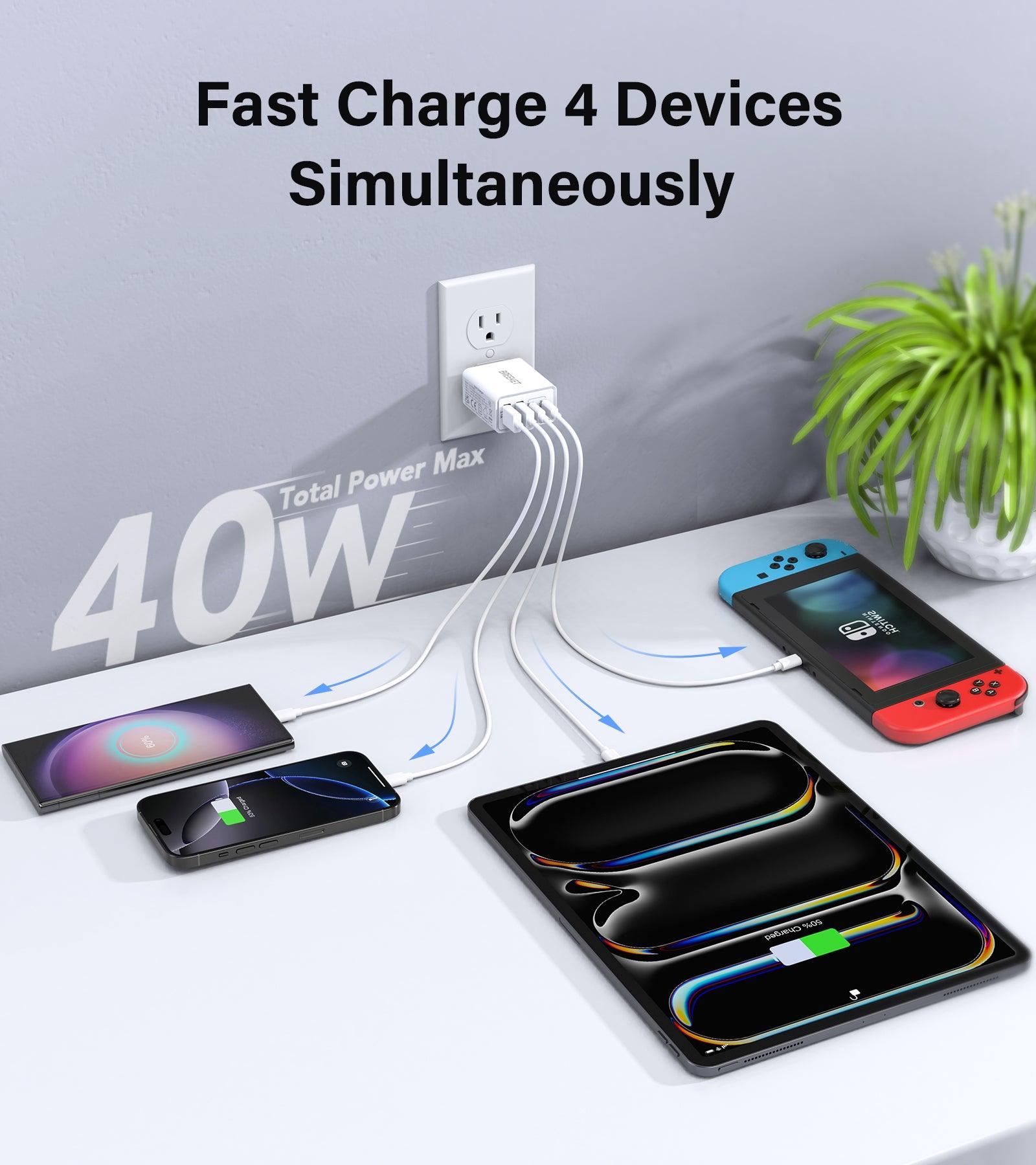 BREEKET 4-Port USB-C and USB-A Fast Charger Block Fast 丨Charging Power Adapter for Phones, Tablets, and More - BREEKET