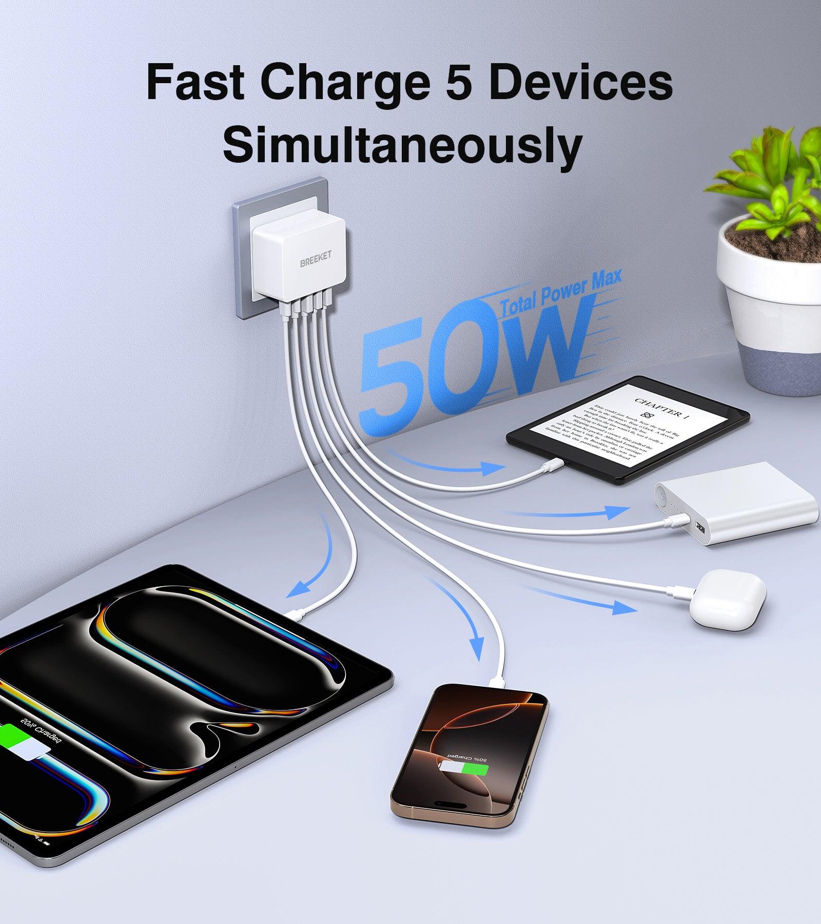 BREEKET 5-Port USB-C & USB-A Fast Charging Block for Multi-Device Power - BREEKET