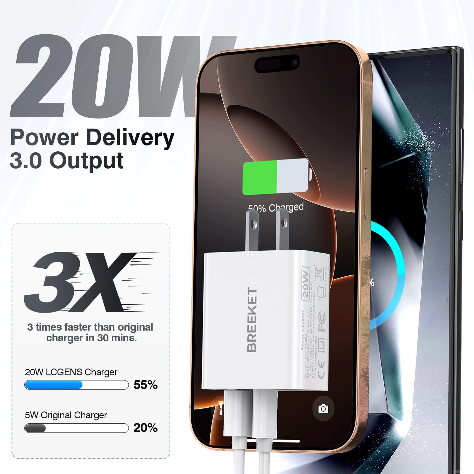 BREEKET 2-Port 20W Fast Wall Charger for Phone - BREEKET