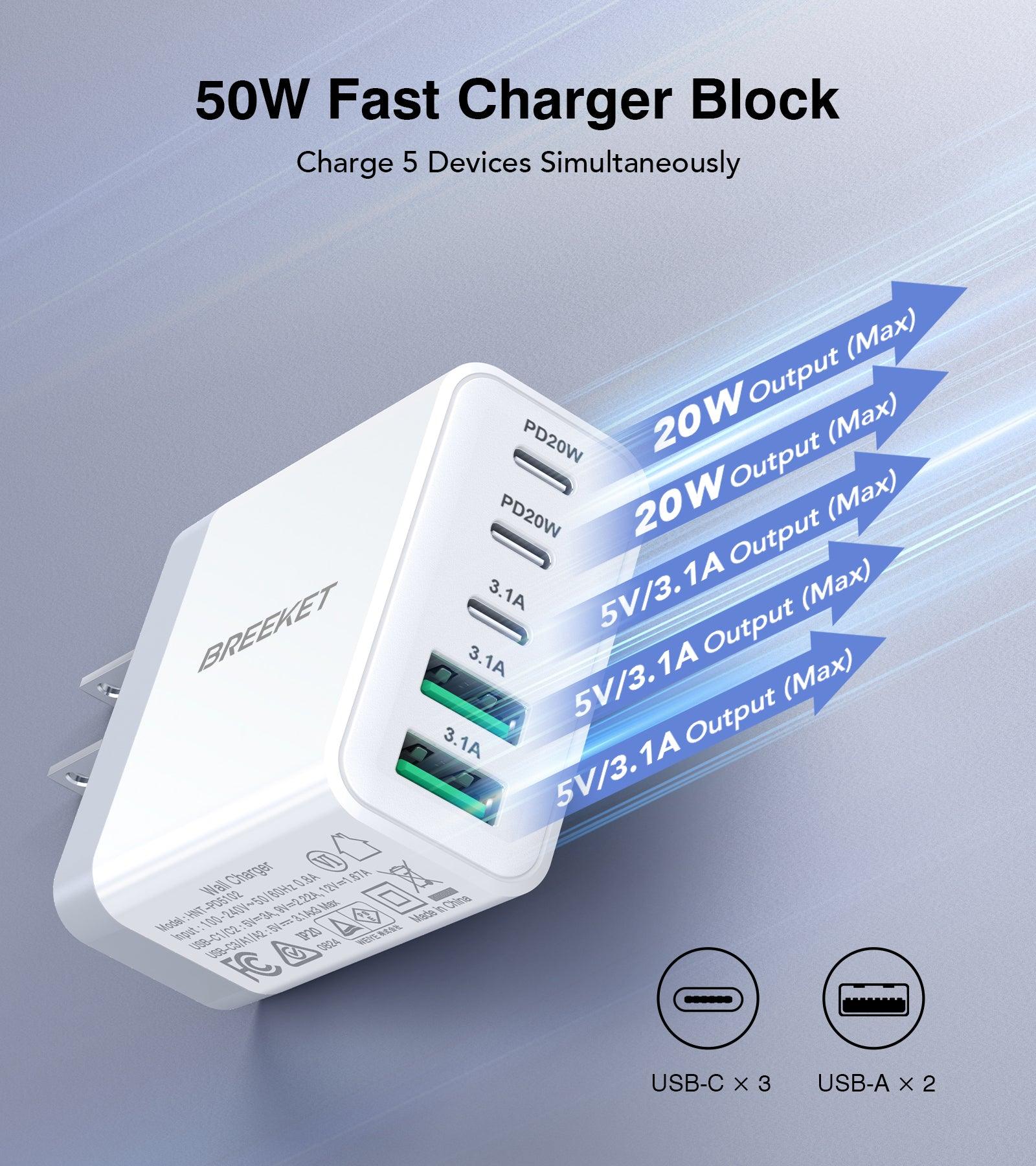 BREEKET 5-Port USB-C & USB-A Fast Charging Block: 3x 20W USB-C + 2x 18W USB-A for Multi-Device Power - BREEKET