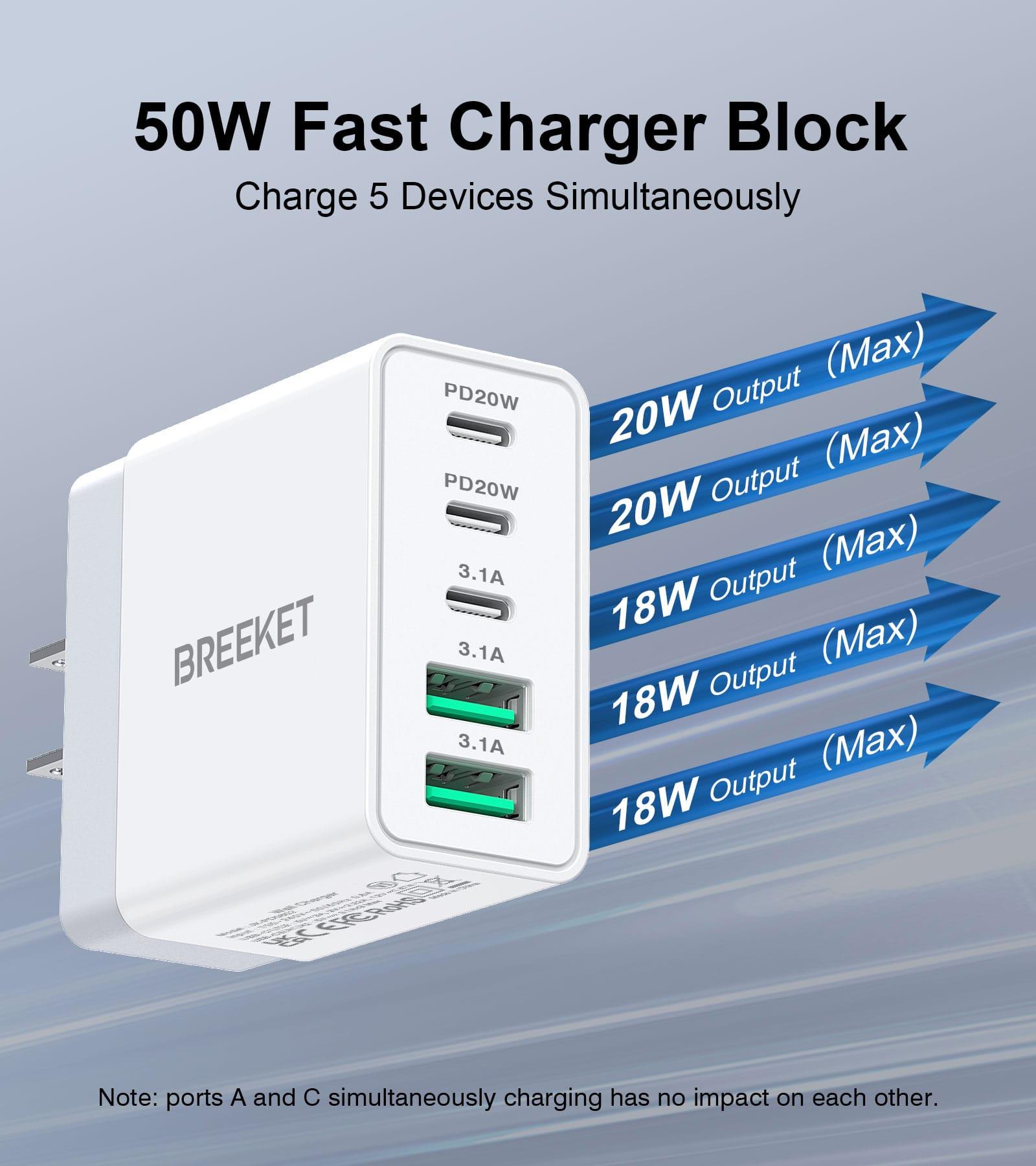 BREEKET 20W Triple USB-C & 18W Dual USB-A Fast Wall Charger for iPhone and More - BREEKET