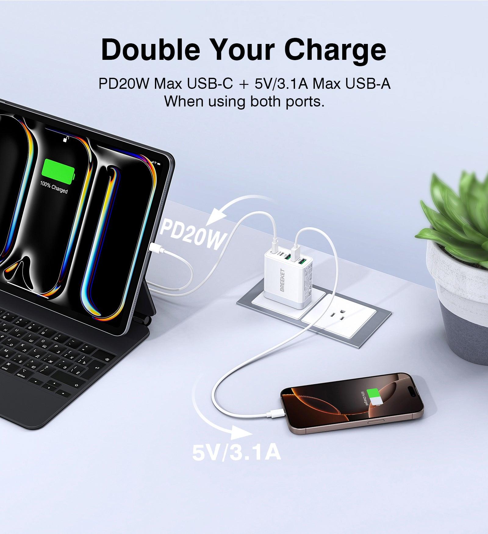 BREEKET 5-Port USB-C & USB-A Fast Charging Block: Dual 20W USB-C + Triple 18W USB-A for Multi-Device Compatibility - BREEKET