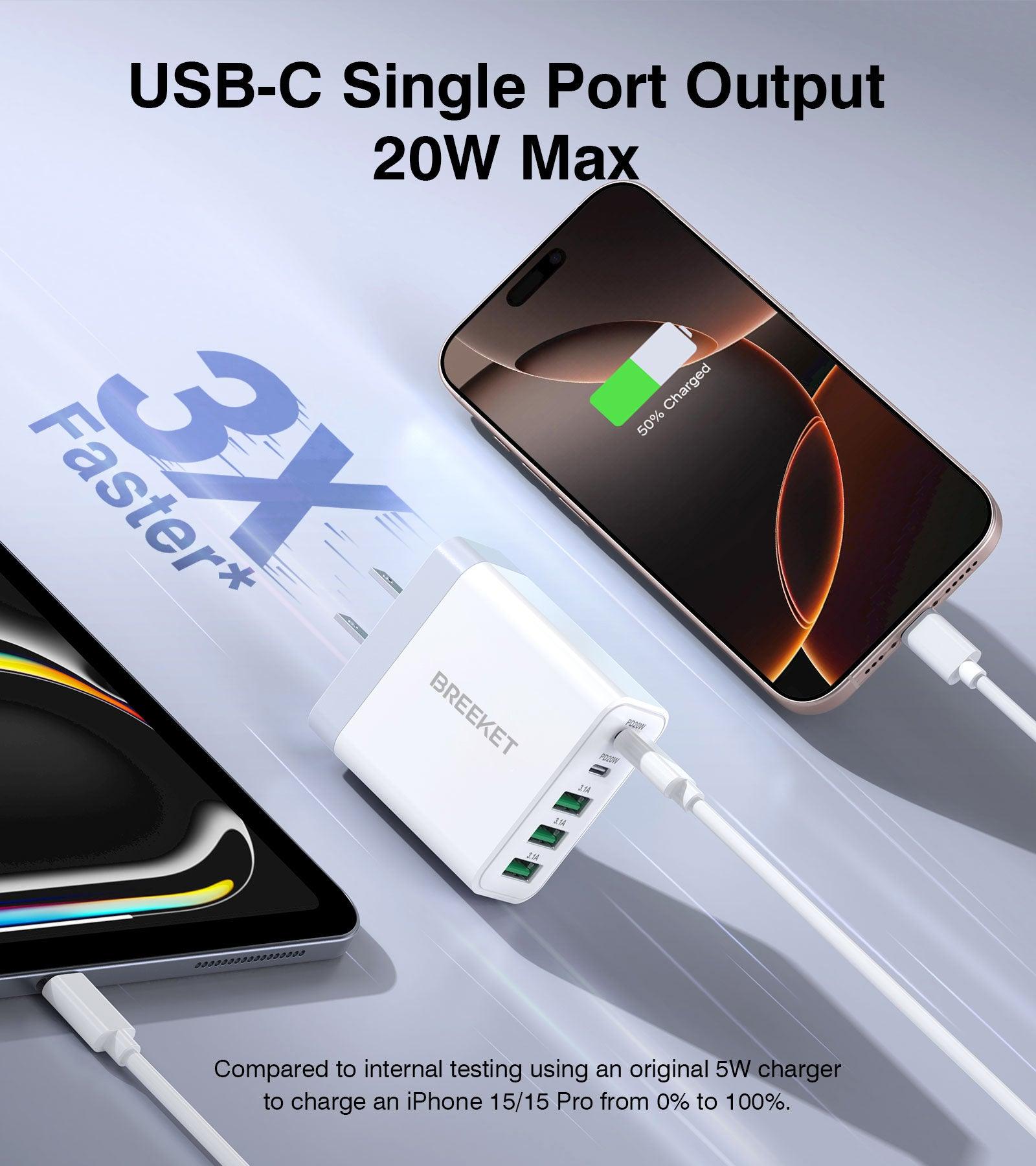 BREEKET 5-Port USB-C & USB-A Fast Charging Block: Dual 20W USB-C + Triple 18W USB-A for Multi-Device Compatibility - BREEKET