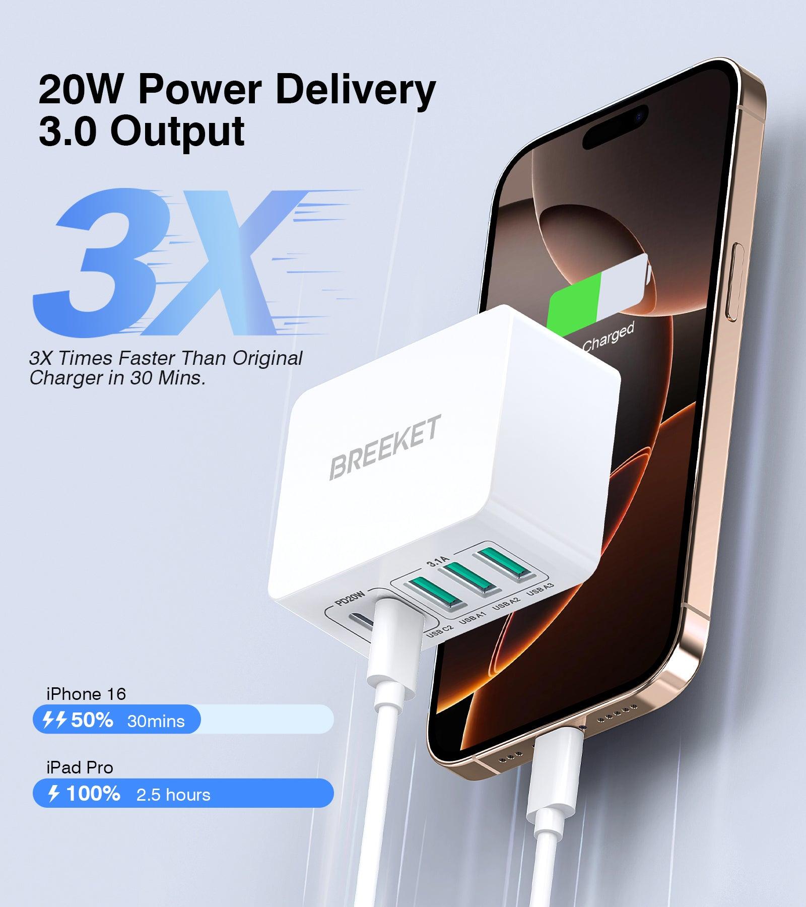 BREEKET 5-Port USB-C & USB-A Fast Charging Block for Multi-Device Power - BREEKET