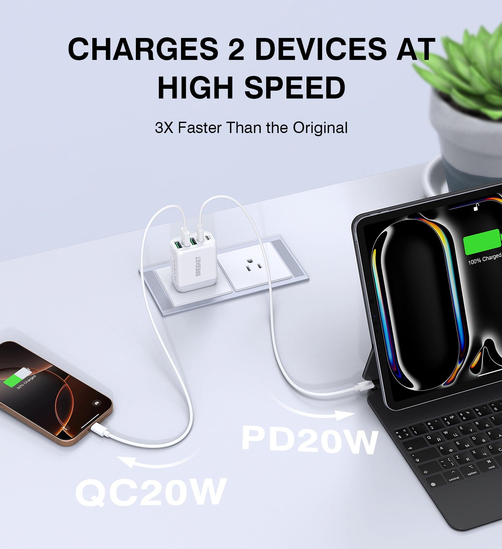 BREEKET Multi-Port USB-C and USB-A Wall Charger - High-Speed 20W & 18W Charging Block for Multiple Devices - BREEKET