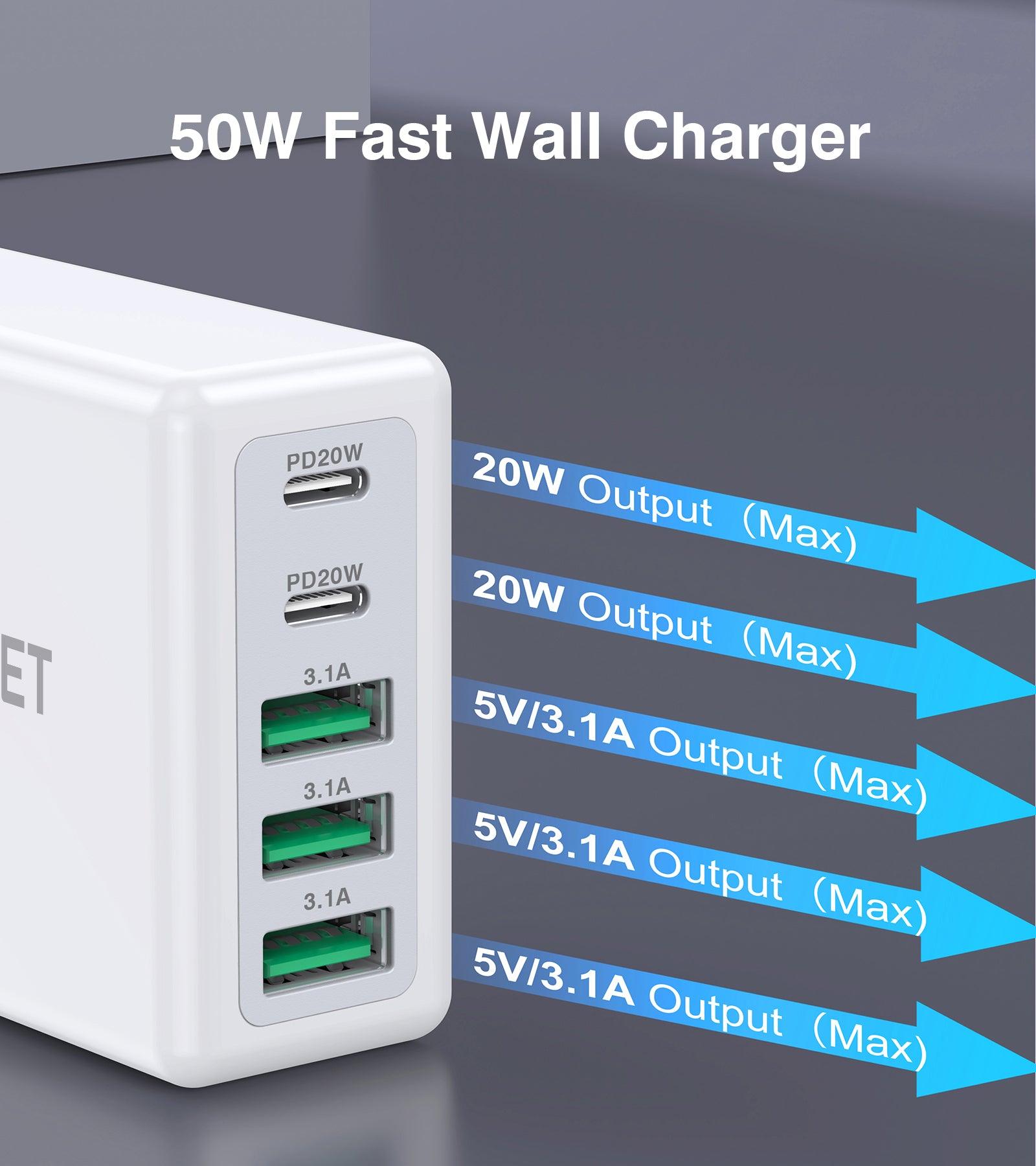 BREEKET 20W Dual USB-C & 18W Triple USB-A Fast Wall Charger for iPhone - BREEKET