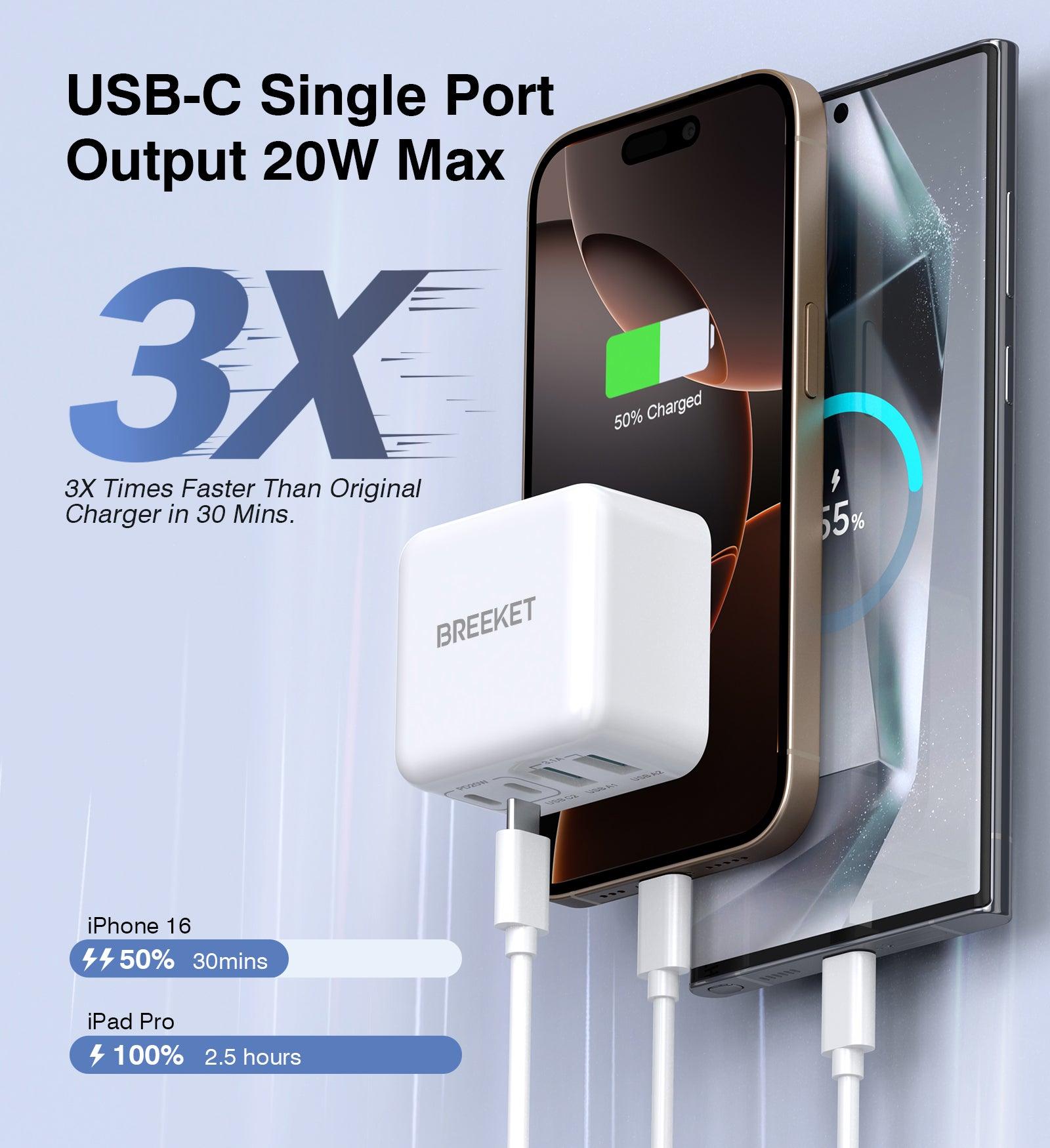 BREEKET 4-Port USB-C Fast Charger Block for iPhone for Multiple Devices - BREEKET