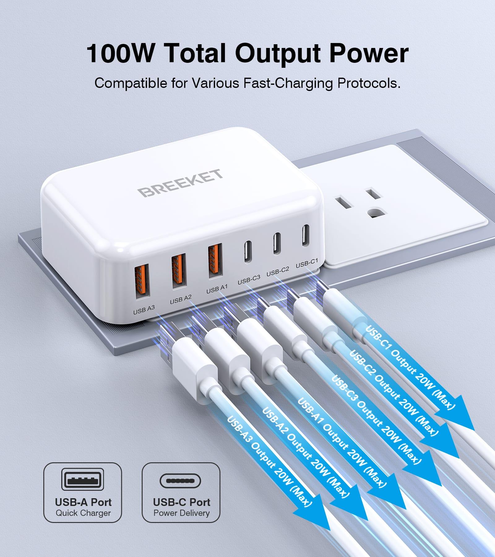 BREEKET 100W Wall Charger USB C 6 Port Fast Charger - BREEKET