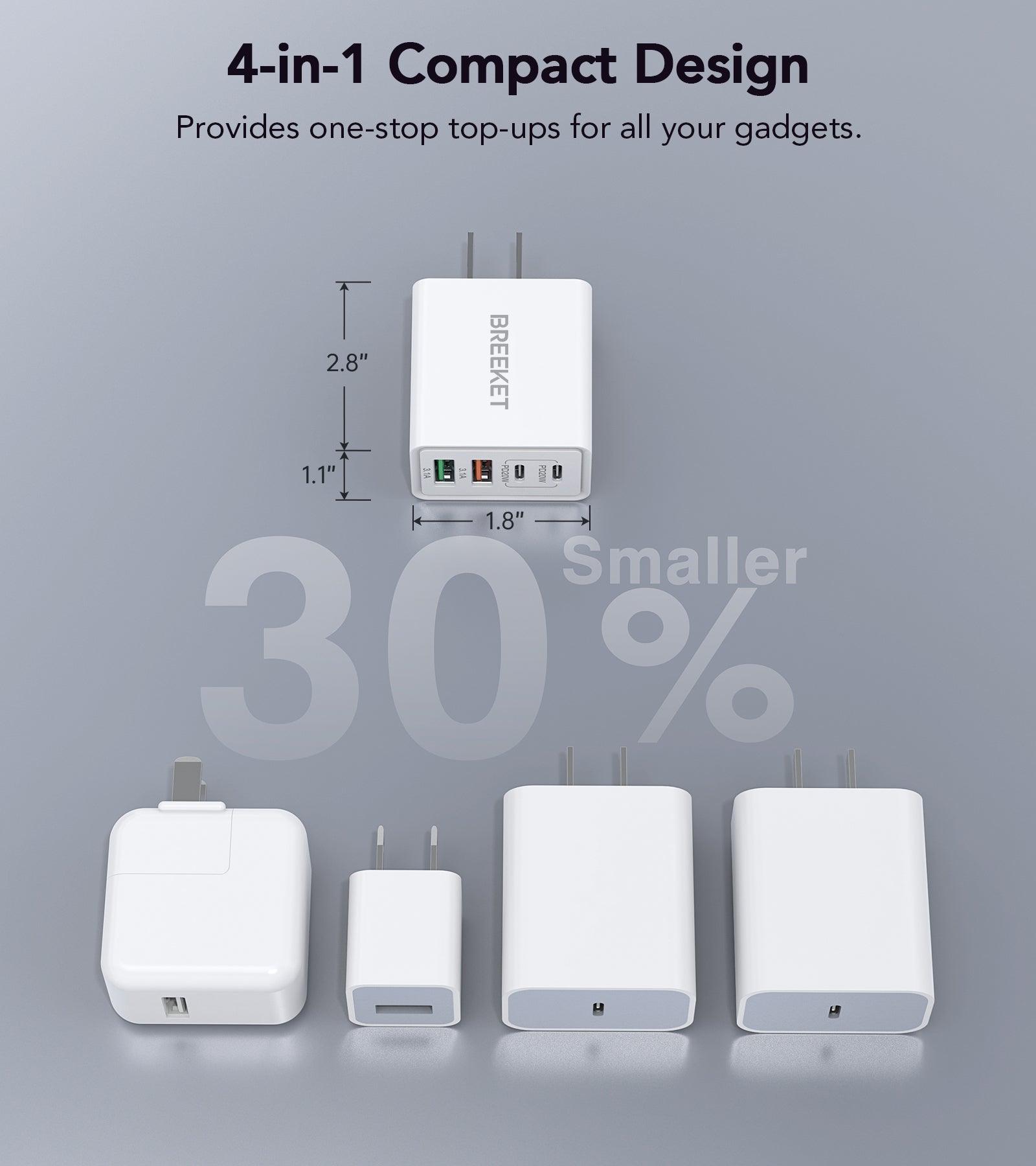 BREEKET 4-Port USB-C and USB-A Fast Charger Block Fast 丨Charging Power Adapter for Phones, Tablets, and More - BREEKET