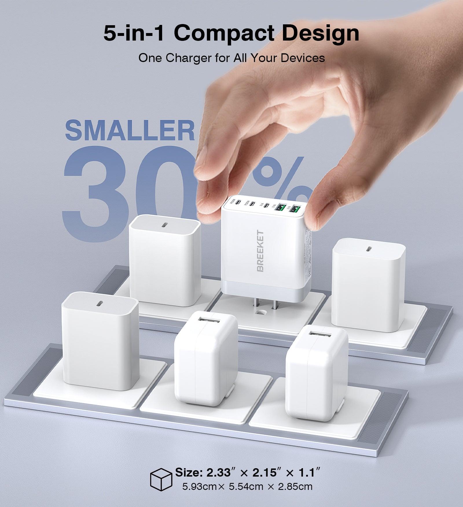 BREEKET 5-Port USB-C & USB-A Fast Charging Block: 3x 20W USB-C + 2x 18W USB-A for Multi-Device Power - BREEKET