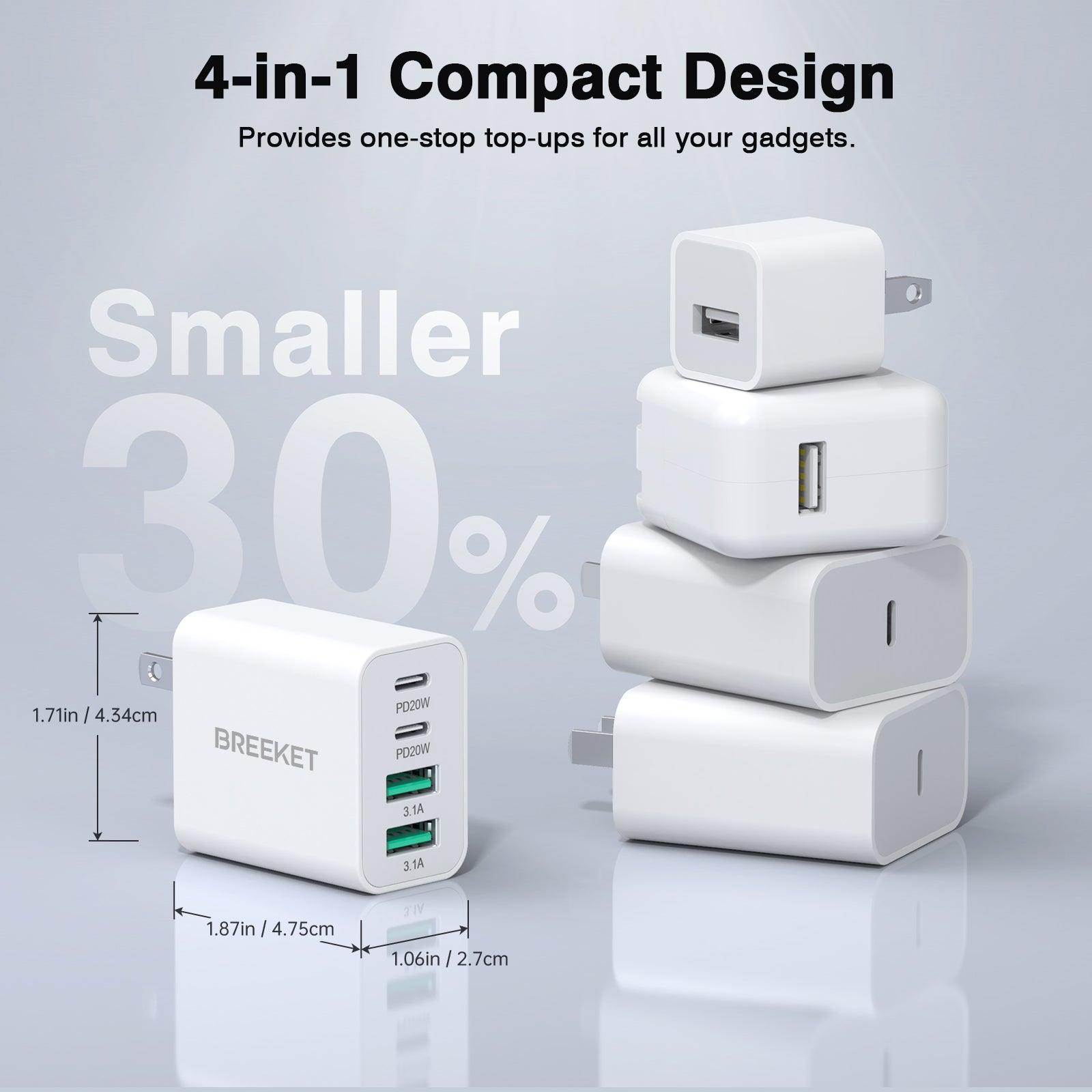 BREEKET 20W Dual USB-C & 18W Dual USB-A Fast Wall Charger for iPhone and More - BREEKET