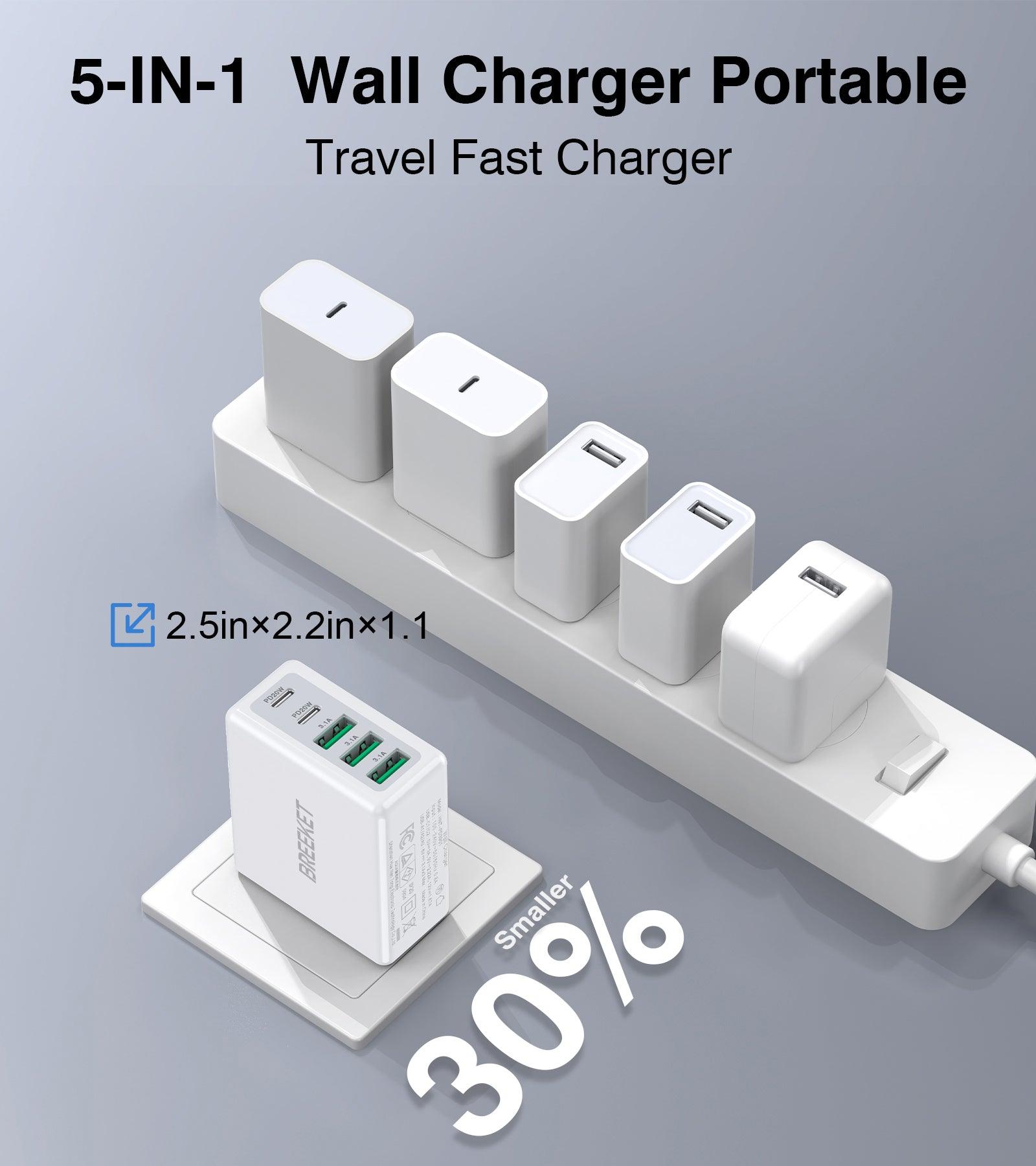 BREEKET 20W Dual USB-C & 18W Triple USB-A Fast Wall Charger for iPhone - BREEKET