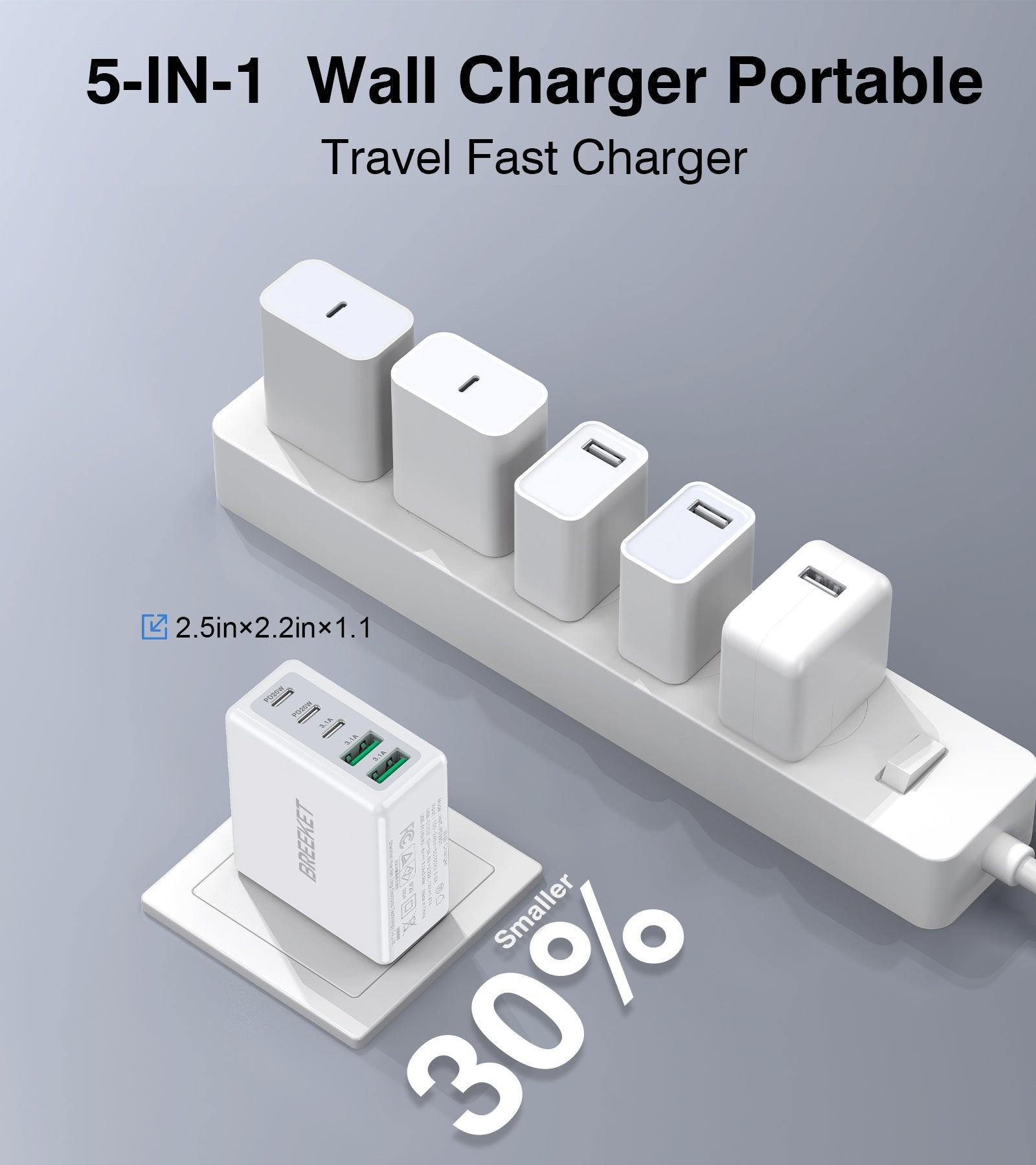 BREEKET 20W Triple USB-C & 18W Dual USB-A Fast Wall Charger for iPhone and More - BREEKET