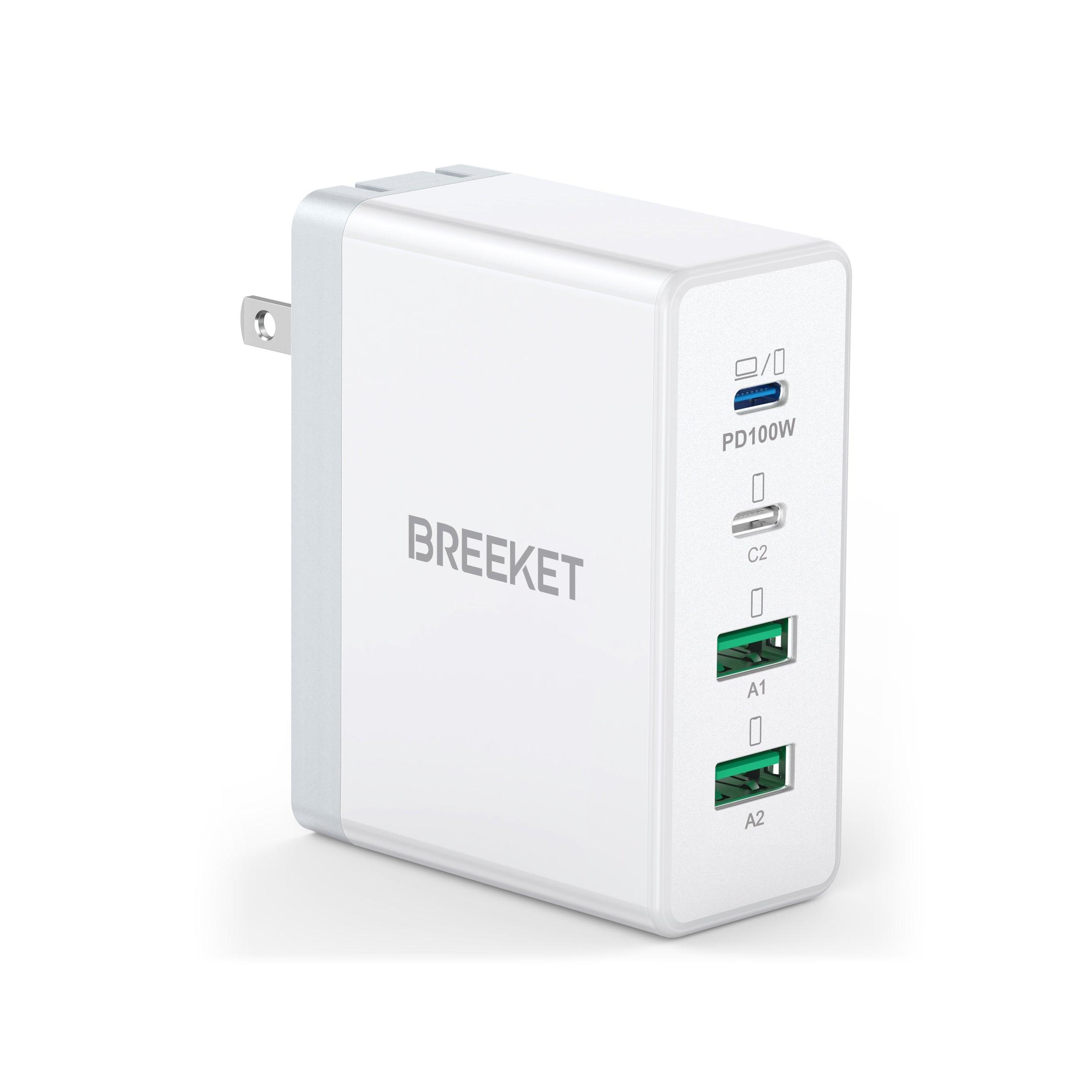 BREEKET 4-Port USB C Wall Charger - 100W Dual USB-C Laptop Charger & Dual 20W USB-A Fast Charger - BREEKET