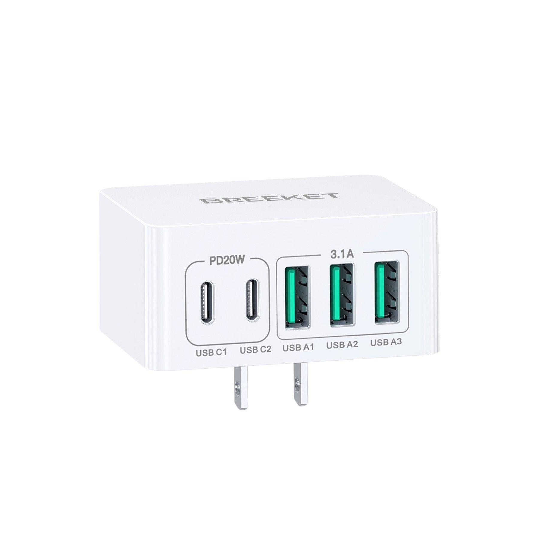 BREEKET 5-Port USB-C & USB-A Fast Charging Block for Multi-Device Power - BREEKET