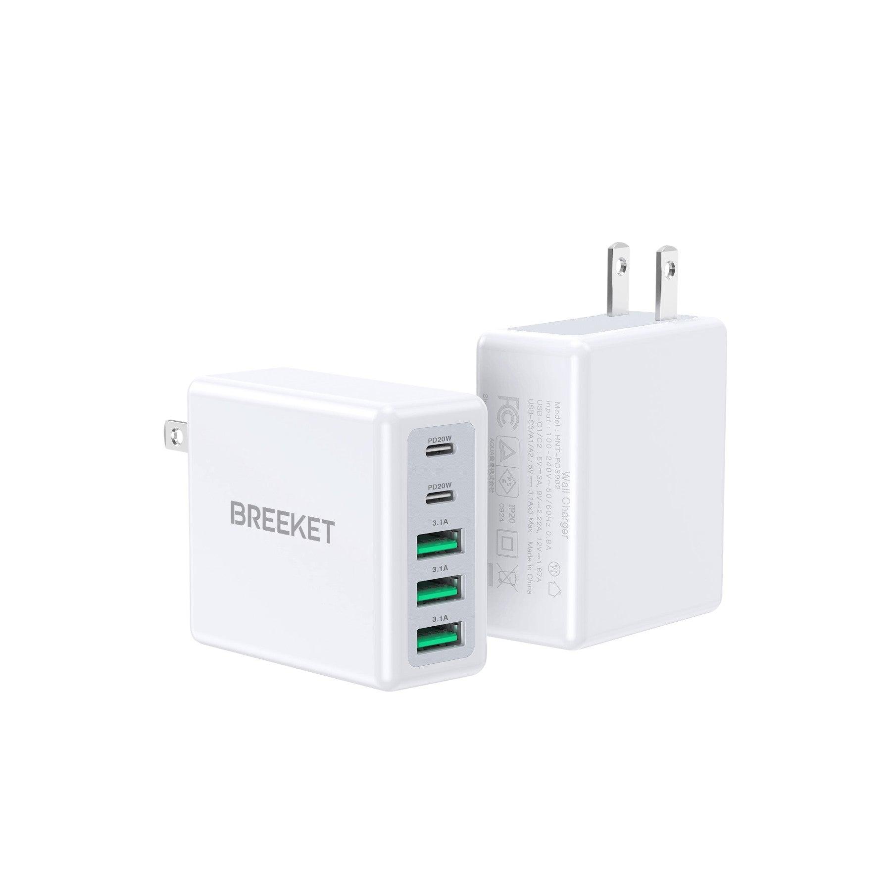 BREEKET 20W Dual USB-C & 18W Triple USB-A Fast Wall Charger for iPhone - BREEKET