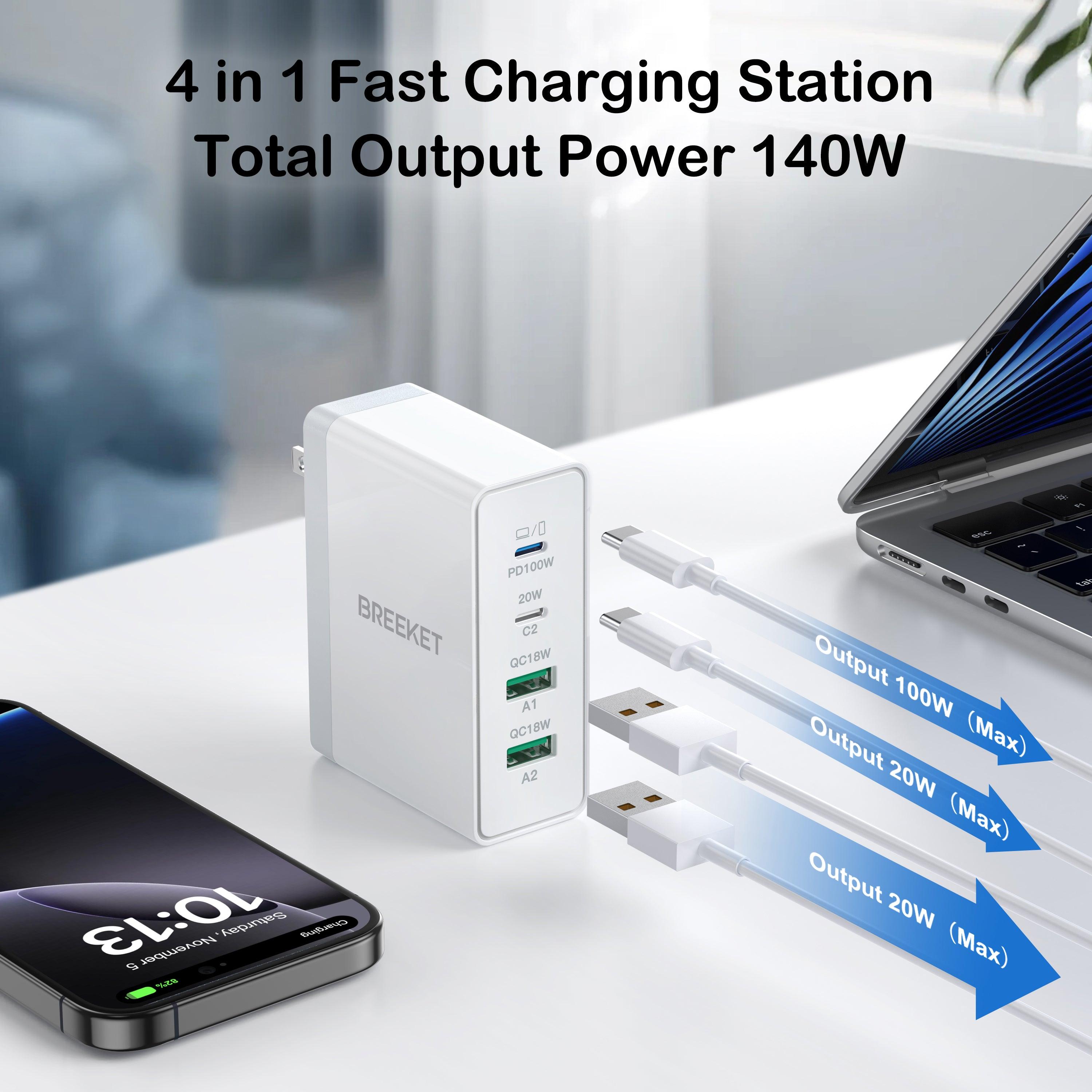 BREEKET 140W Dual USB-C & 18W Dual USB-A Fast Wall Charger for Multi Devices - BREEKET