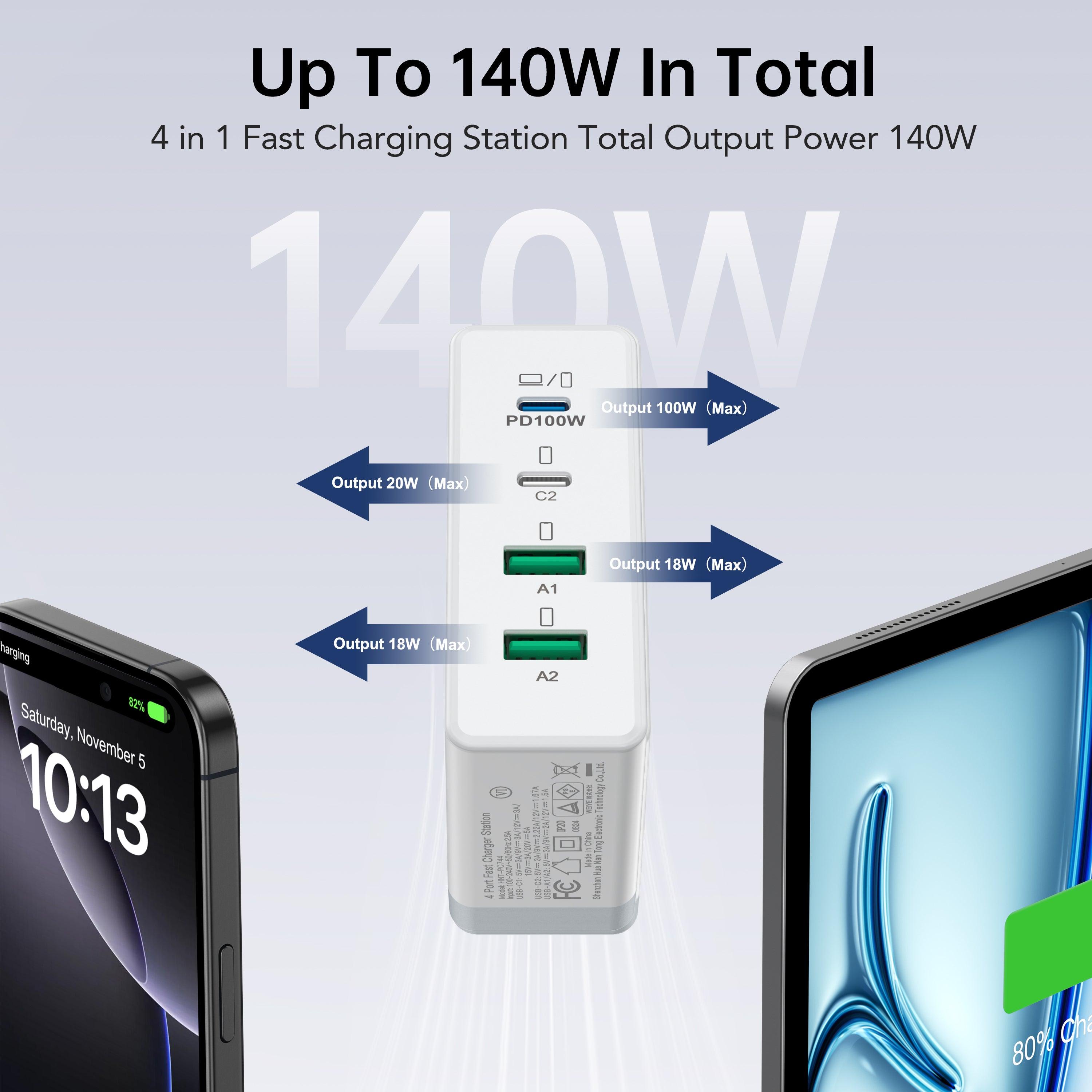 BREEKET 4-Port USB C Wall Charger - 100W Dual USB-C Laptop Charger & Dual 20W USB-A Fast Charger - BREEKET