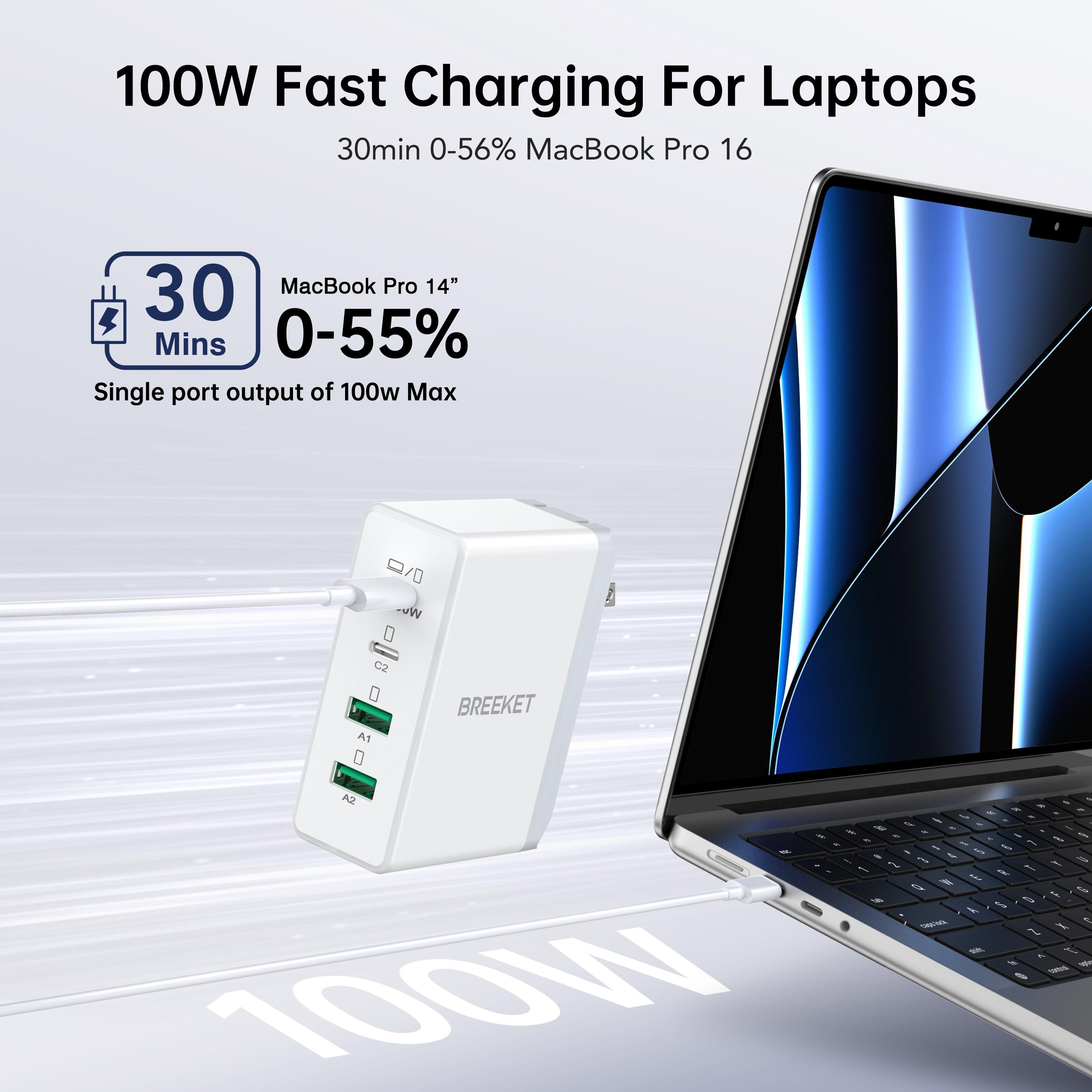 BREEKET 4-Port USB C Wall Charger - 100W Dual USB-C Laptop Charger & Dual 20W USB-A Fast Charger - BREEKET