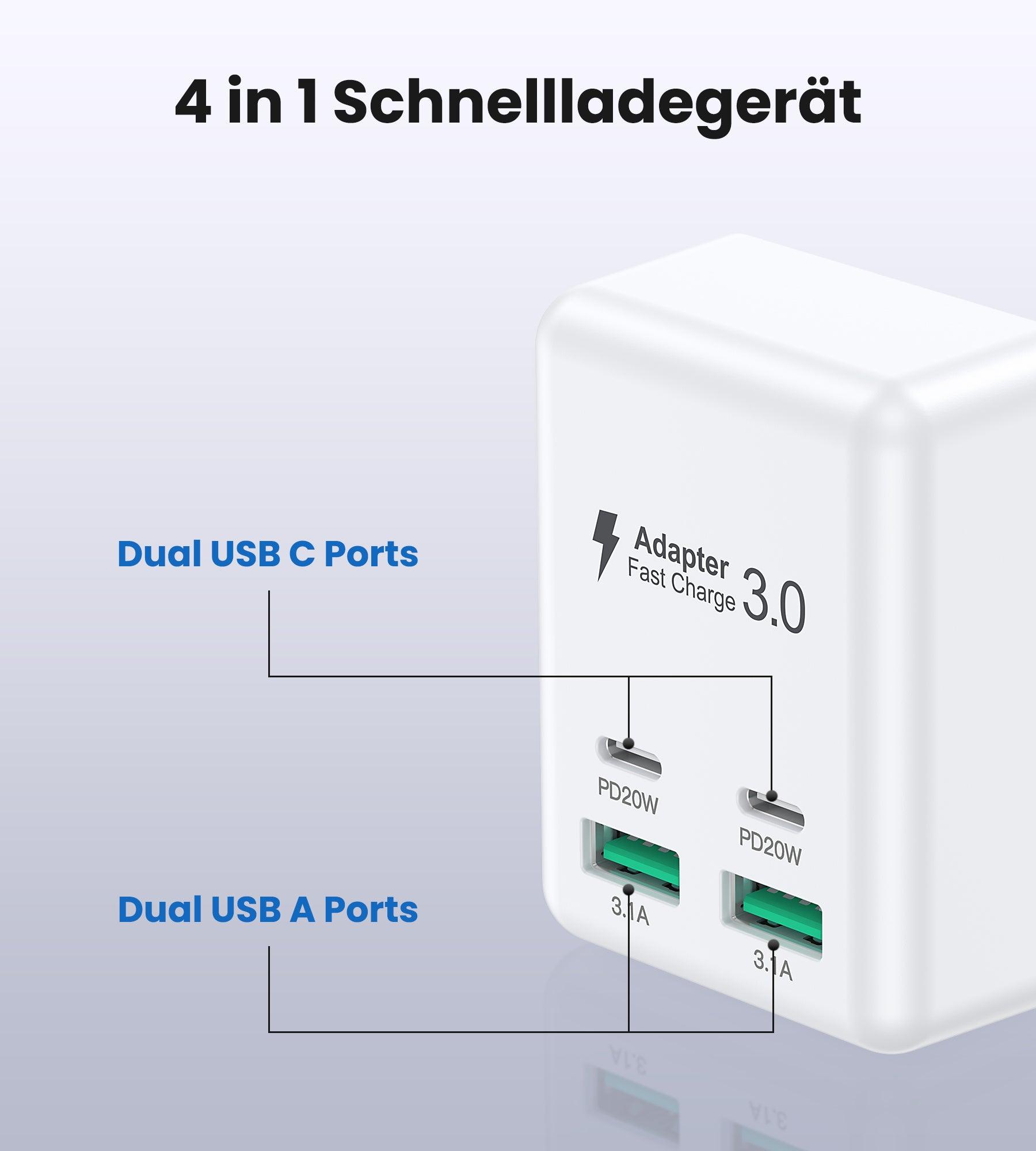 BREEKET 4-Port USB-C & USB-A Fast Charger | Dual USB-C 20W + Dual USB-A 18W Power Adapter - BREEKET