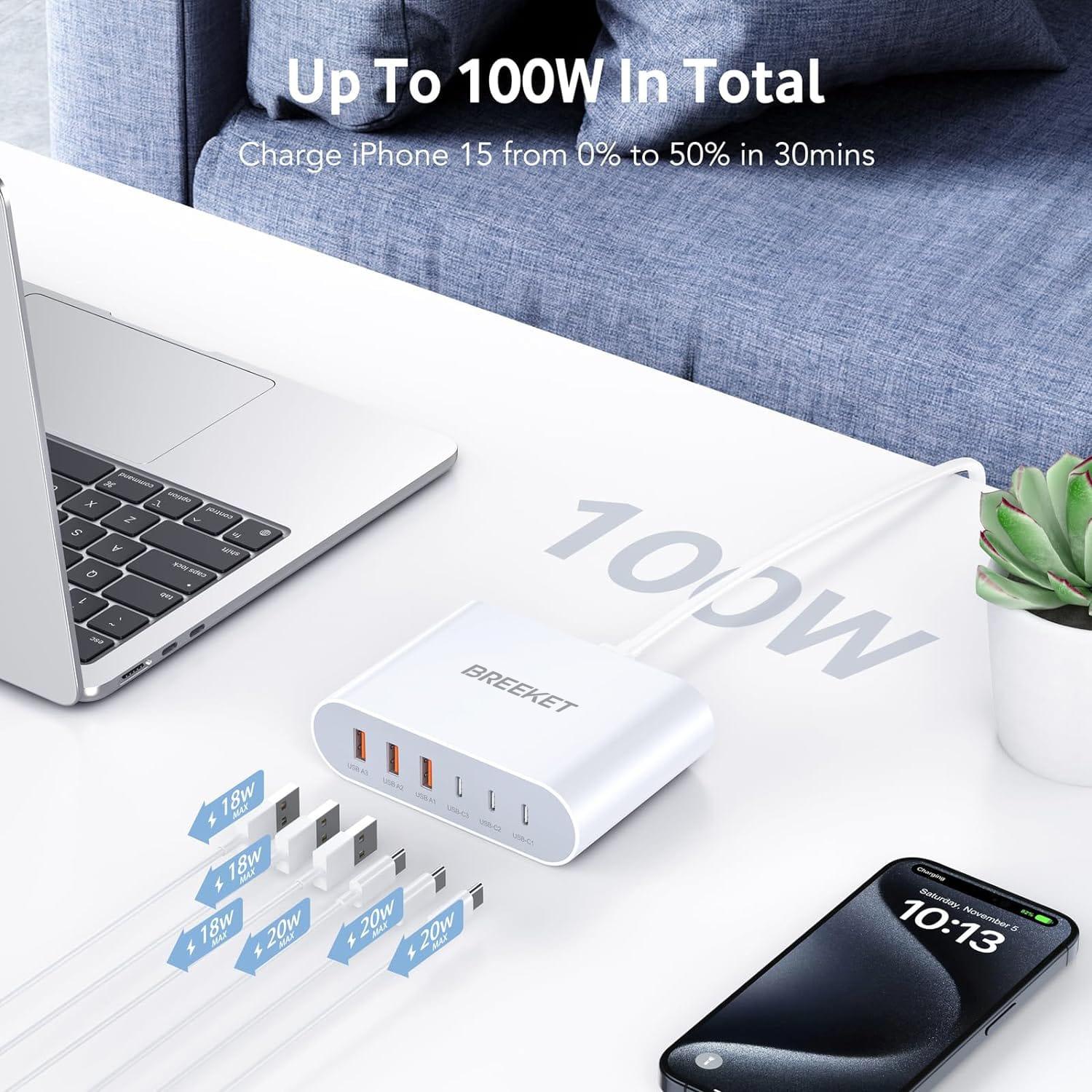 BREEKET 100W USB C GaN Charger 6-Port Charger Station - BREEKET